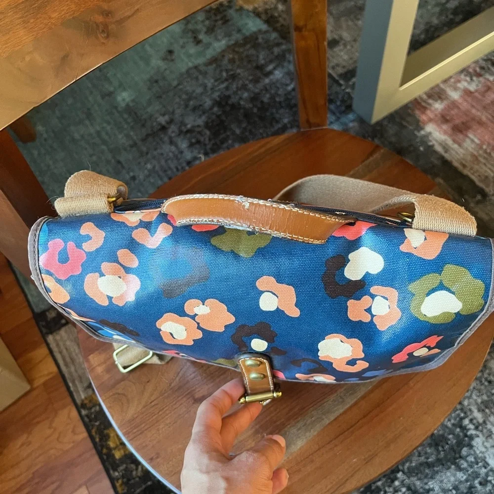 Fossil Navy Blue Floral Print Coated Canvas Crossbody Laptop Tote Bag